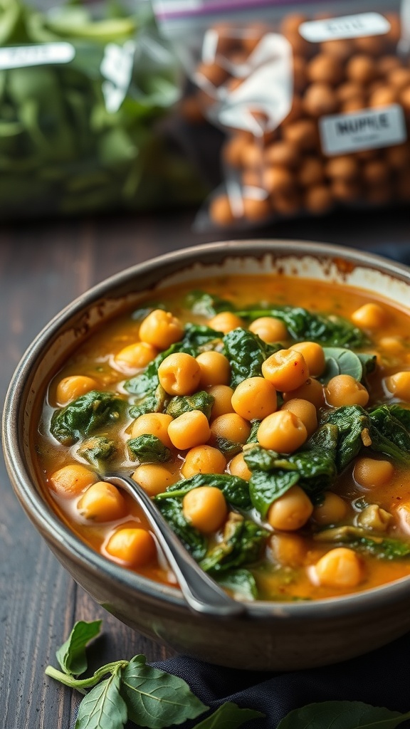 A bowl of chickpea and spinach stew with fresh spinach in the background
