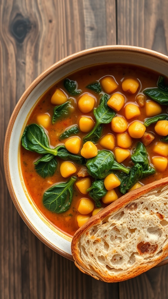 A bowl of chickpea and spinach stew with a slice of bread on the side.