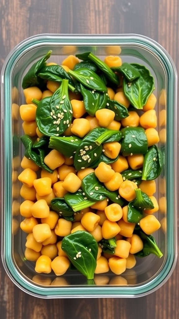 Chickpea and spinach stir-fry in a glass meal prep container