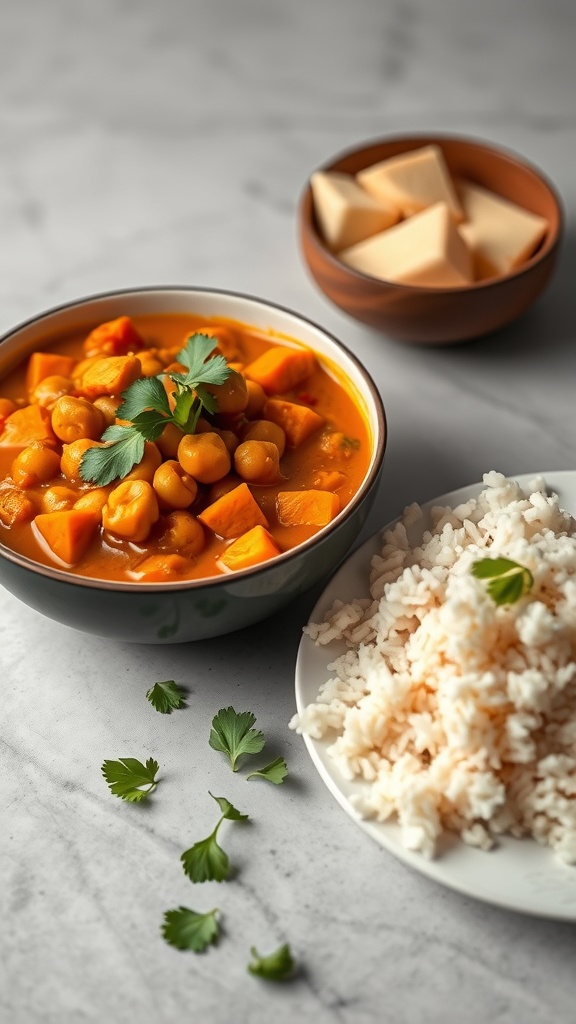 A bowl of chickpea and sweet potato curry with rice on the side, garnished with cilantro.