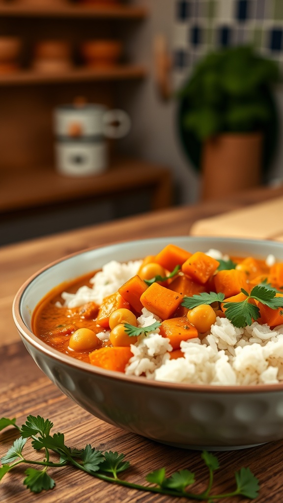 A bowl of chickpea and sweet potato curry served with rice, garnished with cilantro.