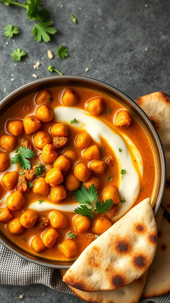 A bowl of chickpea curry with coconut milk, garnished with cilantro and served with naan.
