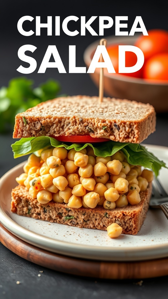 Chickpea salad sandwich with lettuce and tomato on whole grain bread