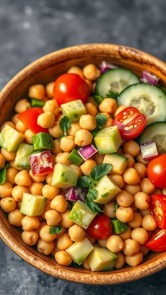 A vibrant chickpea salad with avocado, cucumbers, cherry tomatoes, and bell peppers in a bowl.