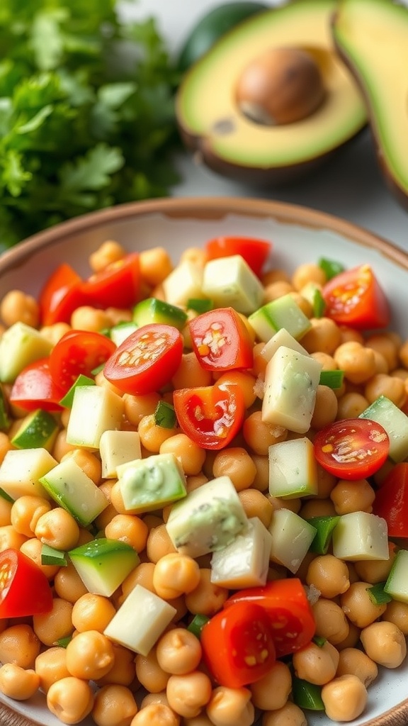 A colorful chickpea salad with diced cucumbers, cherry tomatoes, and avocado dressing, surrounded by fresh cilantro and avocado halves.