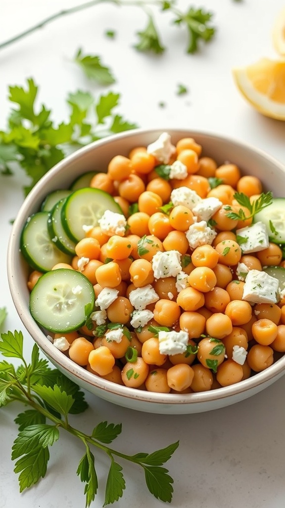 A bowl of chickpea salad with cucumber and feta, garnished with parsley and lemon slices.