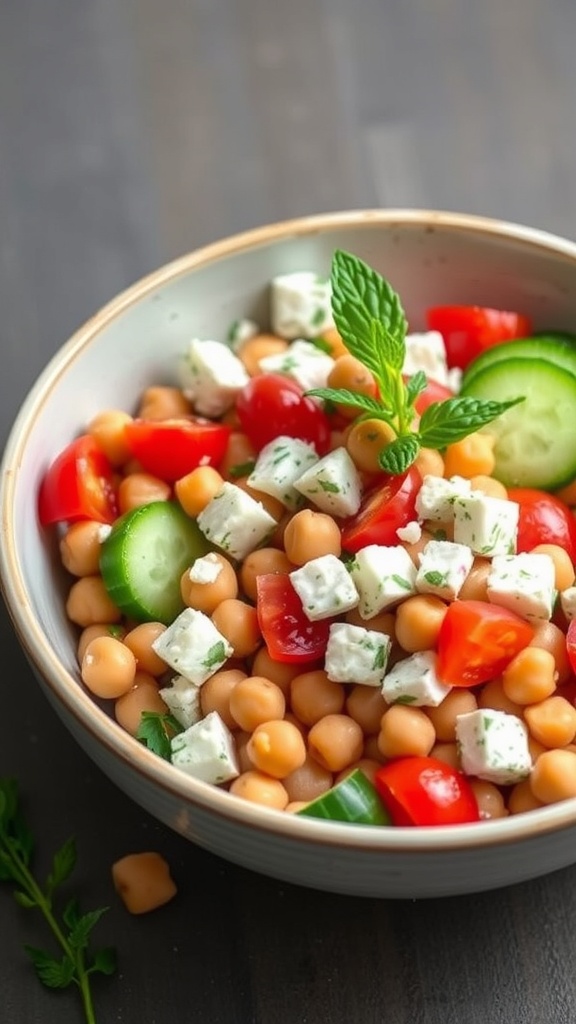 A bowl of chickpea salad with feta, cherry tomatoes, cucumbers, and fresh herbs.