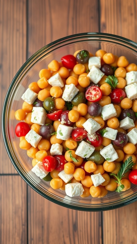 A colorful chickpea salad with feta cheese, cherry tomatoes, and olives in a glass bowl.