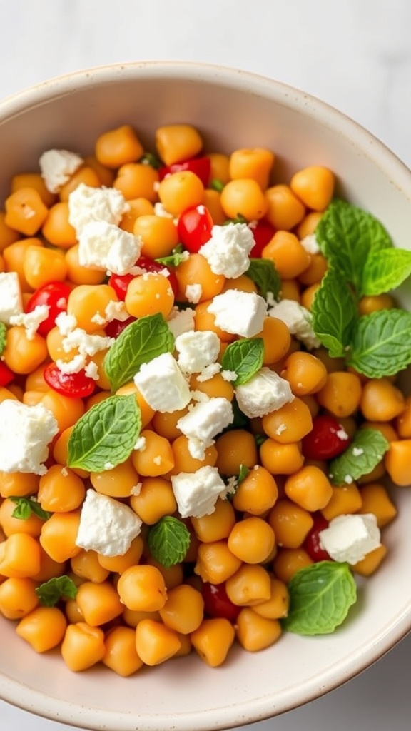 A bowl of chickpea salad with feta cheese, cherry tomatoes, and mint leaves.