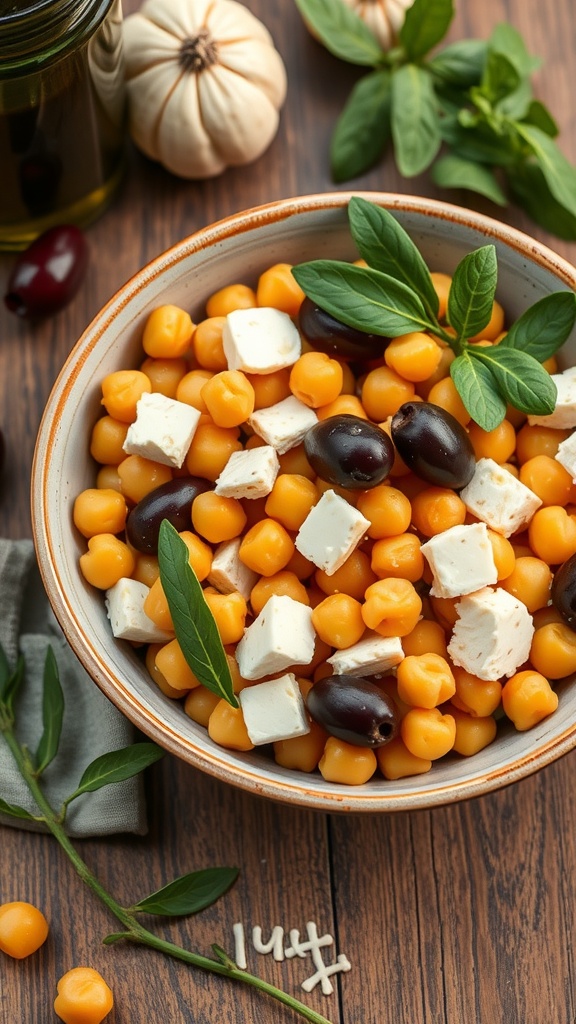 Chickpea salad with feta cheese and olives in a bowl, garnished with fresh herbs.