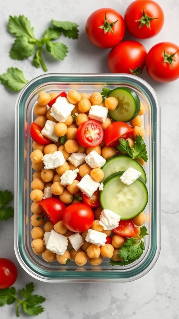 Chickpea salad with feta in a glass container with cherry tomatoes and cilantro on the side