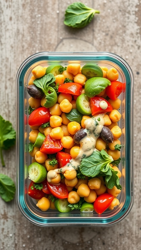 Chickpea salad with colorful vegetables and tahini dressing in a glass container