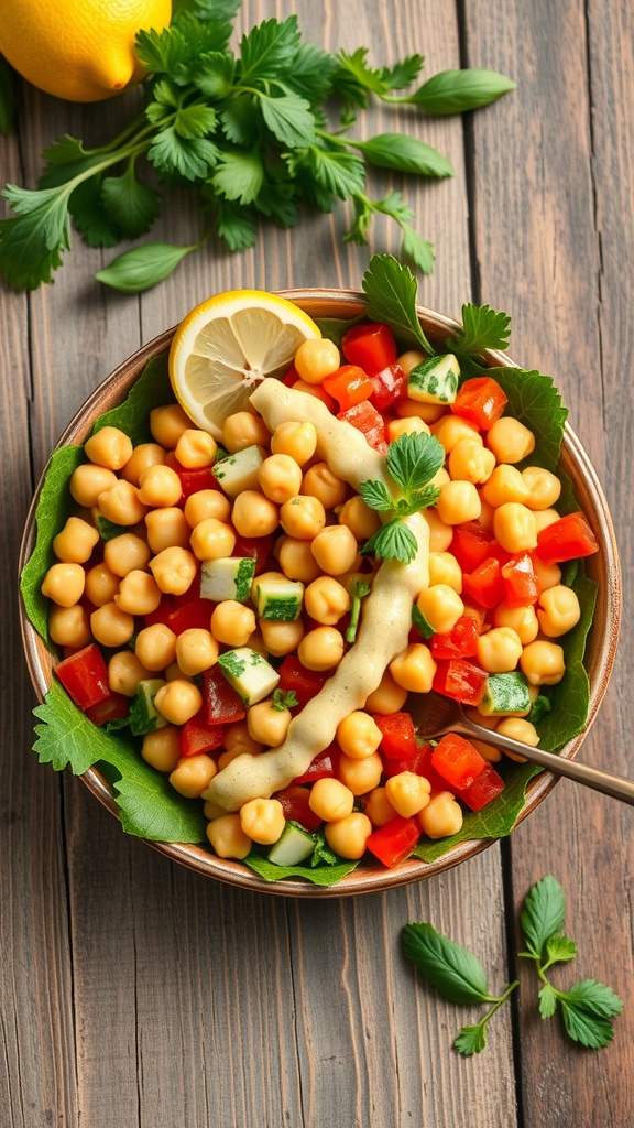 A colorful chickpea salad with lemon dressing in a wooden bowl, garnished with fresh herbs.