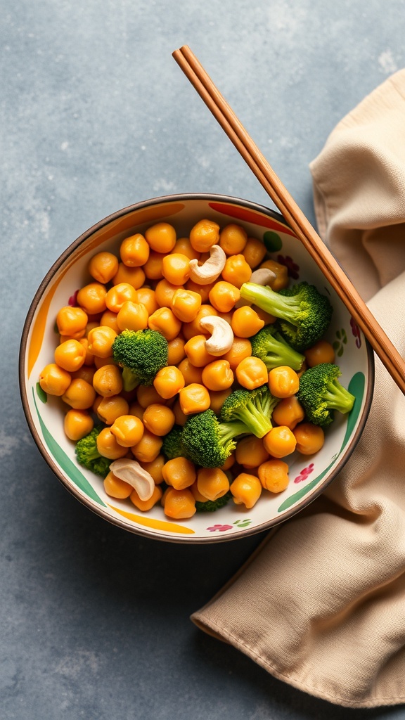 A bowl of chickpea stir-fry with broccoli and cashews, featuring vibrant colors and a cozy presentation.