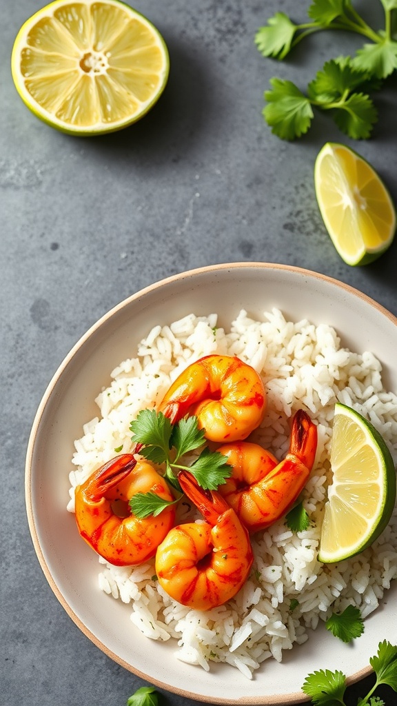A bowl of chili lime shrimp served over rice with lime wedges and cilantro.