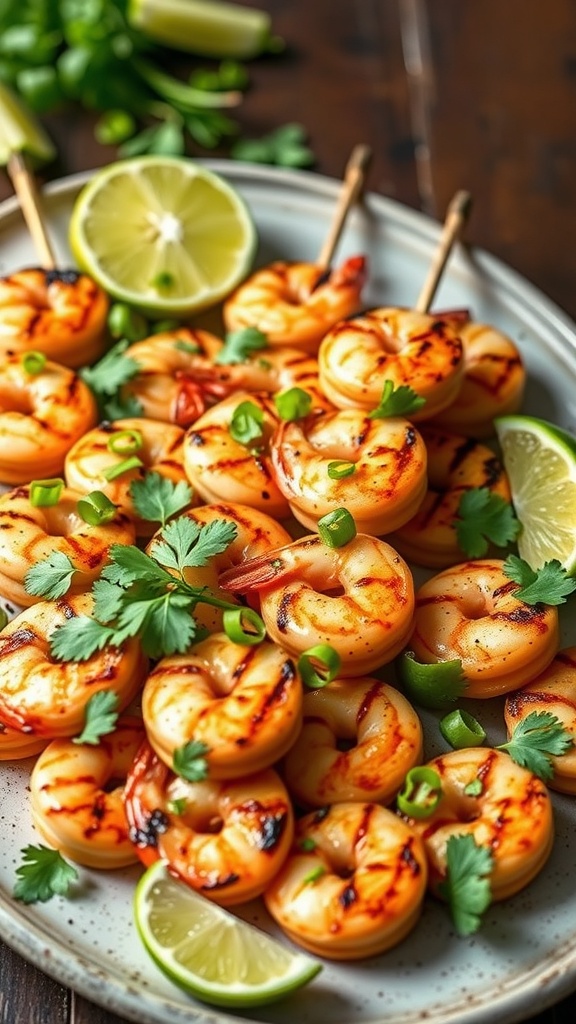 A plate of grilled chili lime shrimp skewers garnished with cilantro and lime wedges.