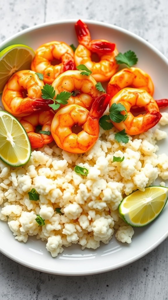 A plate of chili lime shrimp served with cauliflower rice, garnished with lime wedges and cilantro.