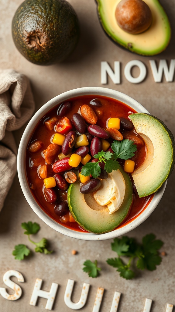 A bowl of colorful chili with kidney beans and corn, topped with avocado slices and cilantro.