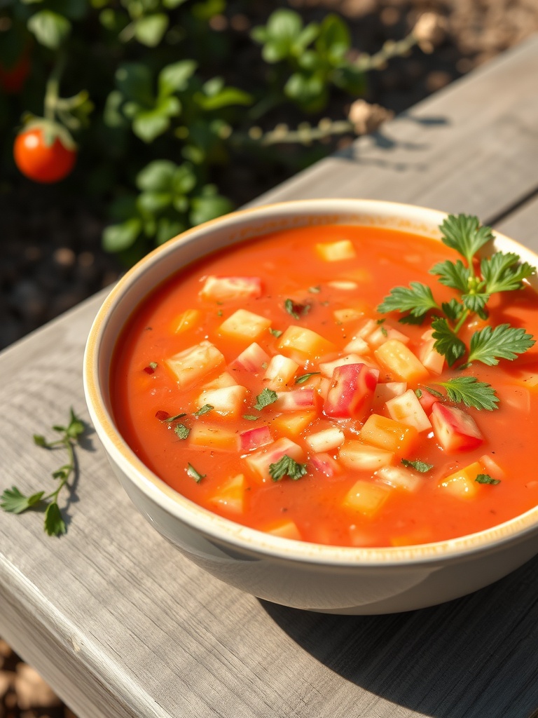 A bowl of chilled gazpacho soup with diced vegetables and herbs on top, set on a wooden table.