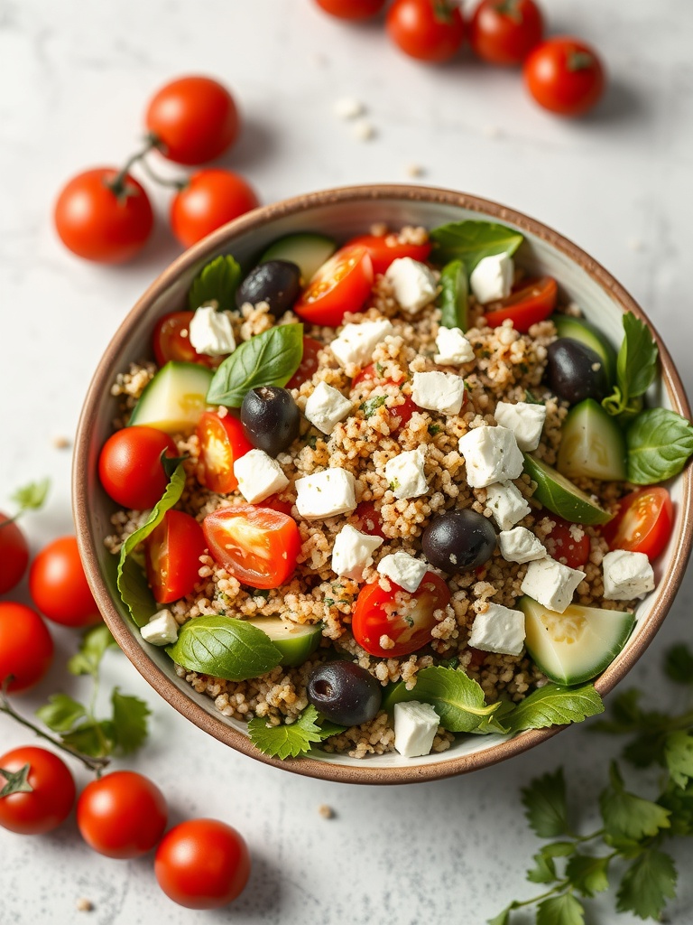A colorful bowl of chilled Mediterranean quinoa salad with tomatoes, cucumbers, olives, and feta cheese.