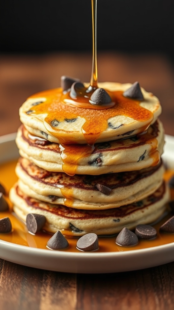 A stack of chocolate chip pancake bites with syrup and chocolate chips on top.