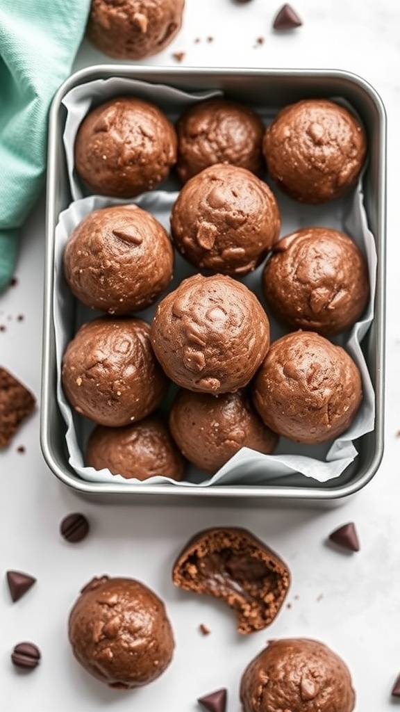 A tray of chocolate energy bites, round and smooth, with a few bites taken out, surrounded by chocolate chips.