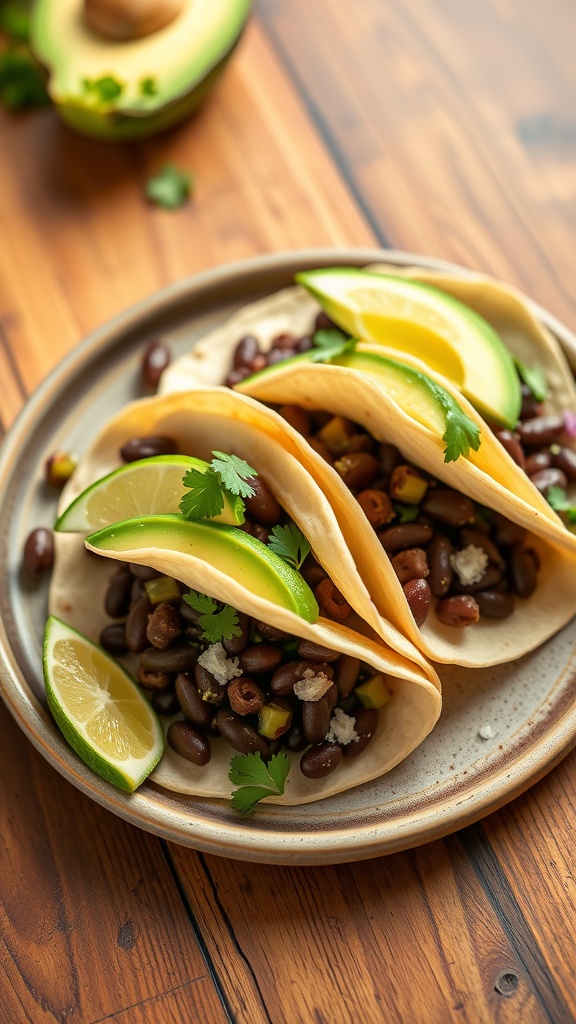 Three cilantro lime black bean tacos on a plate with lime wedges and avocado slices.