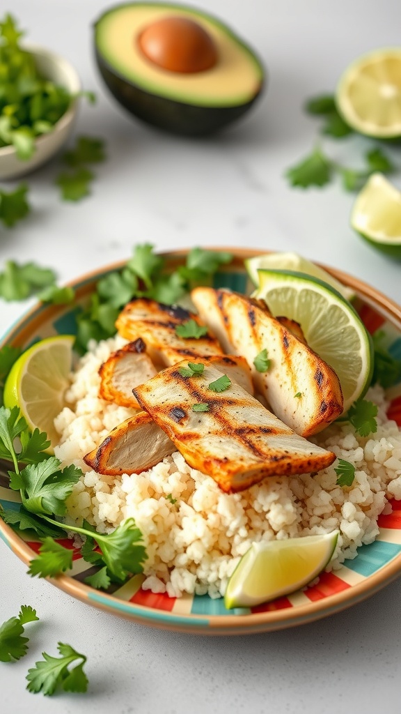 A colorful cilantro lime cauliflower rice bowl with grilled chicken, lime wedges, and fresh cilantro.
