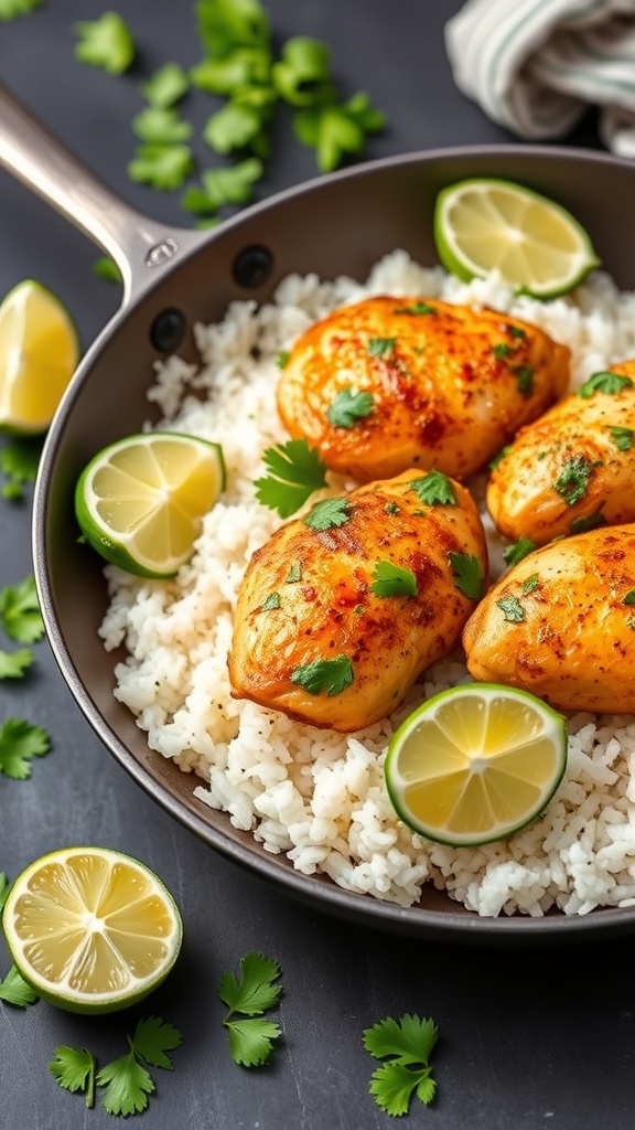 Cilantro Lime Chicken with Rice in a pan, garnished with lime and cilantro.