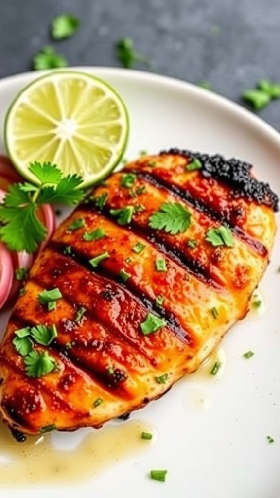 Grilled chicken breast garnished with cilantro and lime slices on a plate.