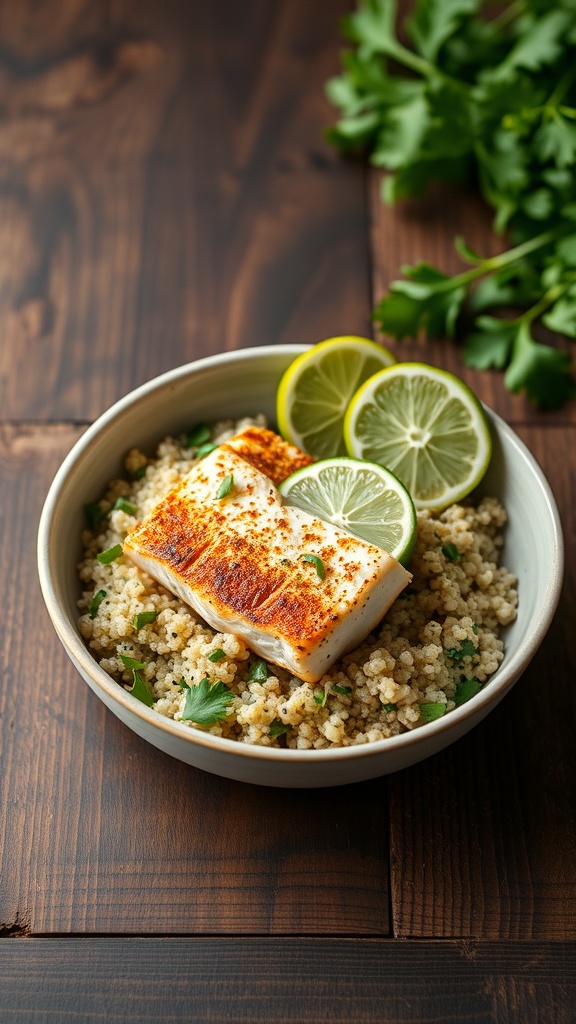A bowl of cilantro lime quinoa topped with a piece of blackened fish and garnished with lime slices.