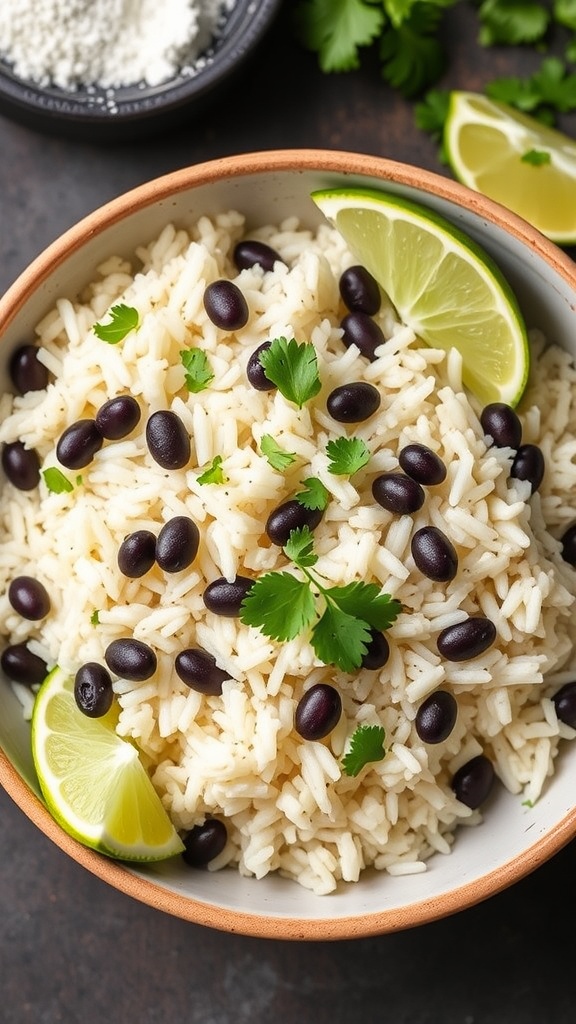 A bowl of cilantro lime rice with black beans, garnished with lime wedges and cilantro.