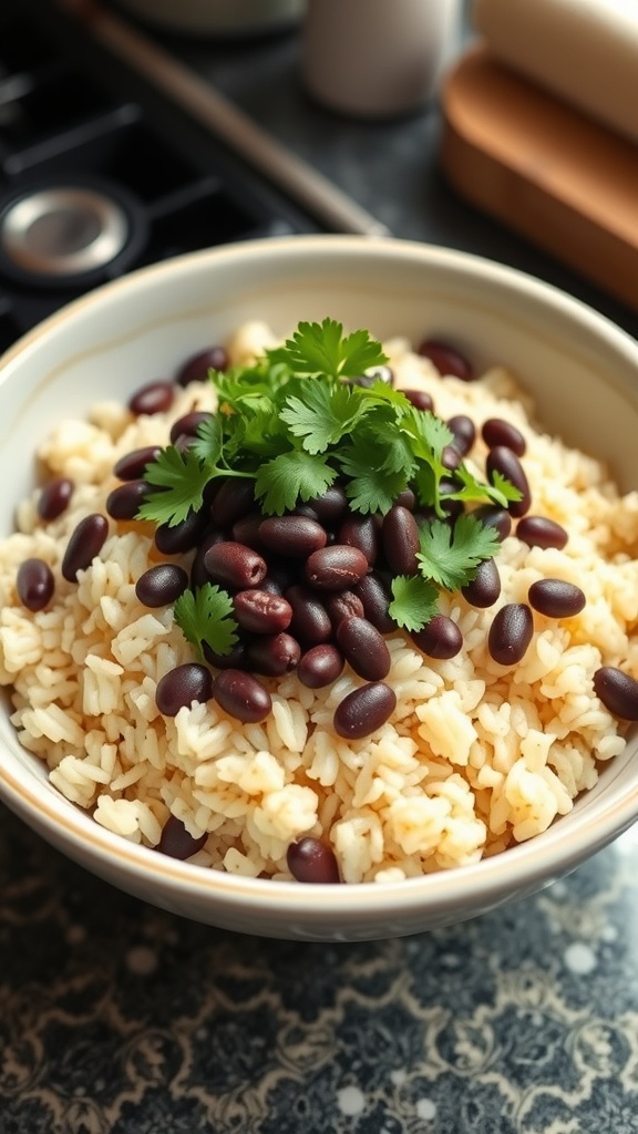 A bowl of cilantro lime rice topped with black beans and fresh cilantro