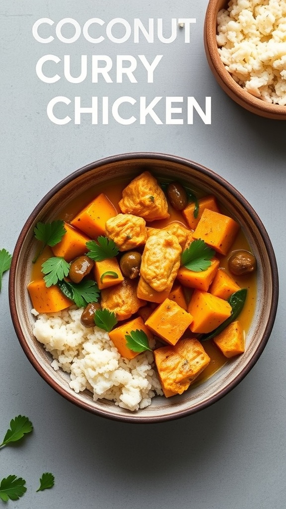 A bowl of Coconut Curry Chicken with sweet potatoes and cauliflower rice