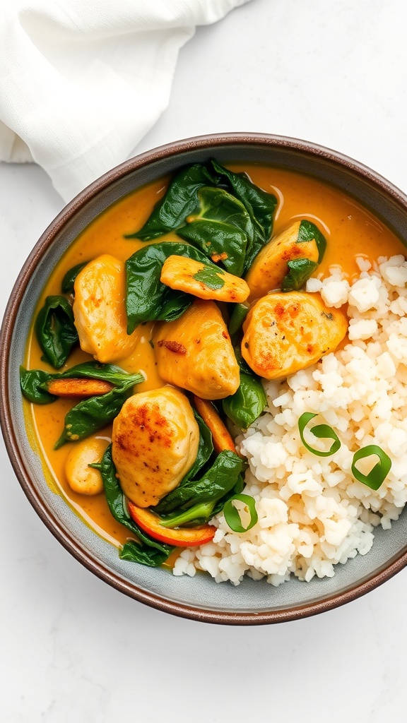 A bowl of coconut curry chicken with spinach, served with cauliflower rice.