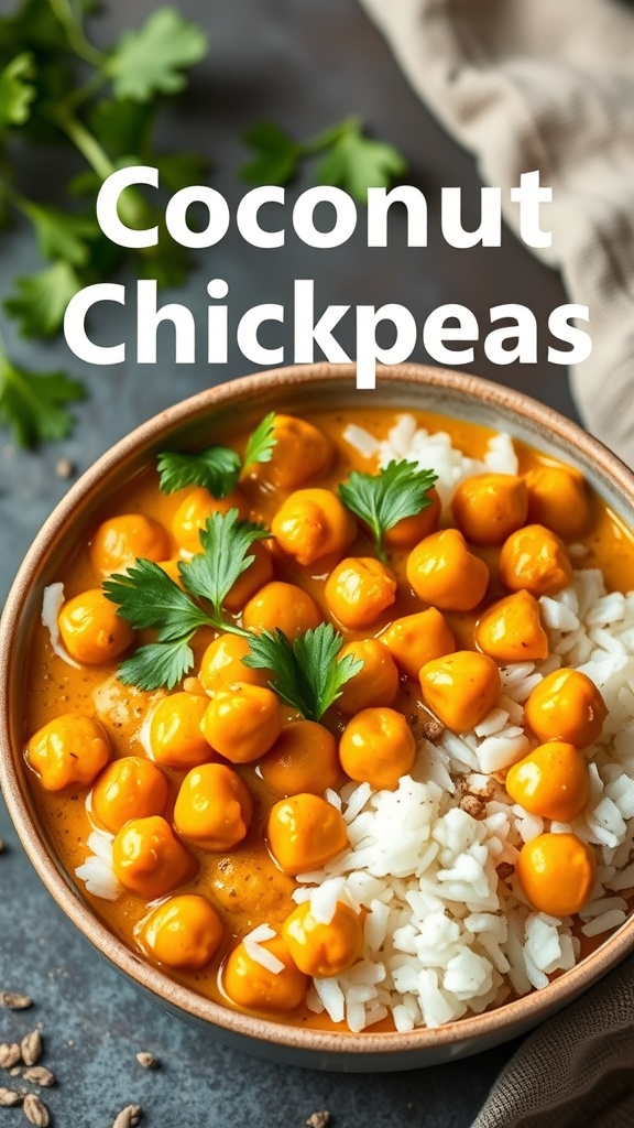 A bowl of coconut curry chickpeas served with rice and garnished with cilantro.