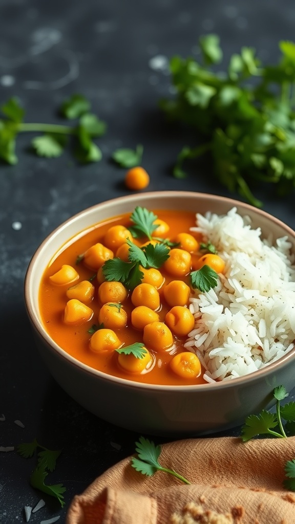 A bowl of coconut curry chickpeas served with rice and garnished with cilantro.