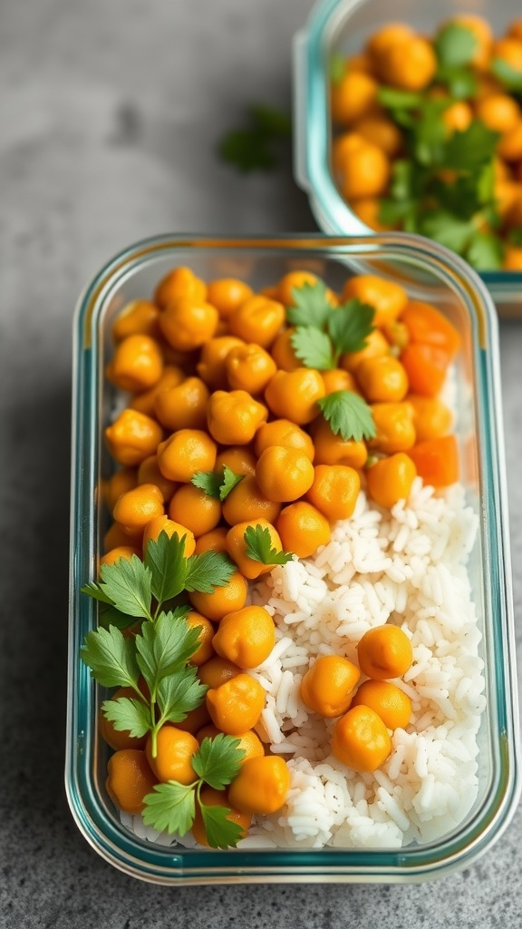 Meal prep container with coconut curry chickpeas and rice garnished with fresh herbs.