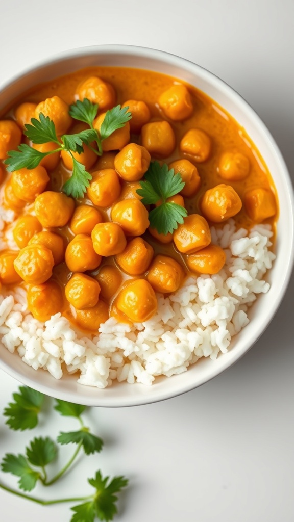 A bowl of coconut curry chickpeas served over rice, garnished with parsley.