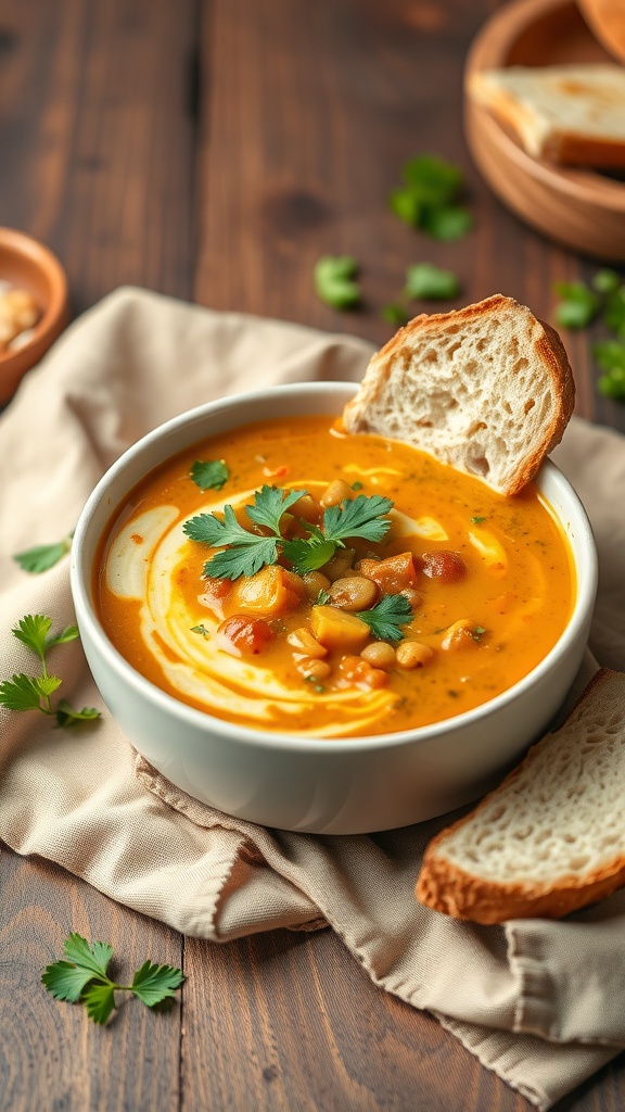 A bowl of coconut curry lentil soup garnished with cilantro and a slice of bread on the side.