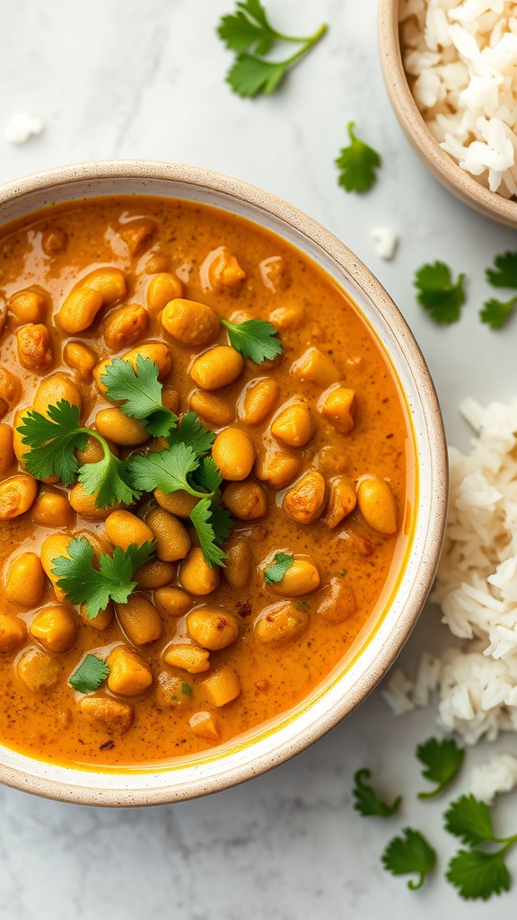 A bowl of Coconut Curry Lentils garnished with cilantro, served with a side of rice.