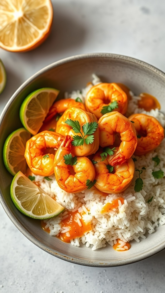A bowl of Coconut Curry Shrimp with Rice, garnished with lime wedges and cilantro.