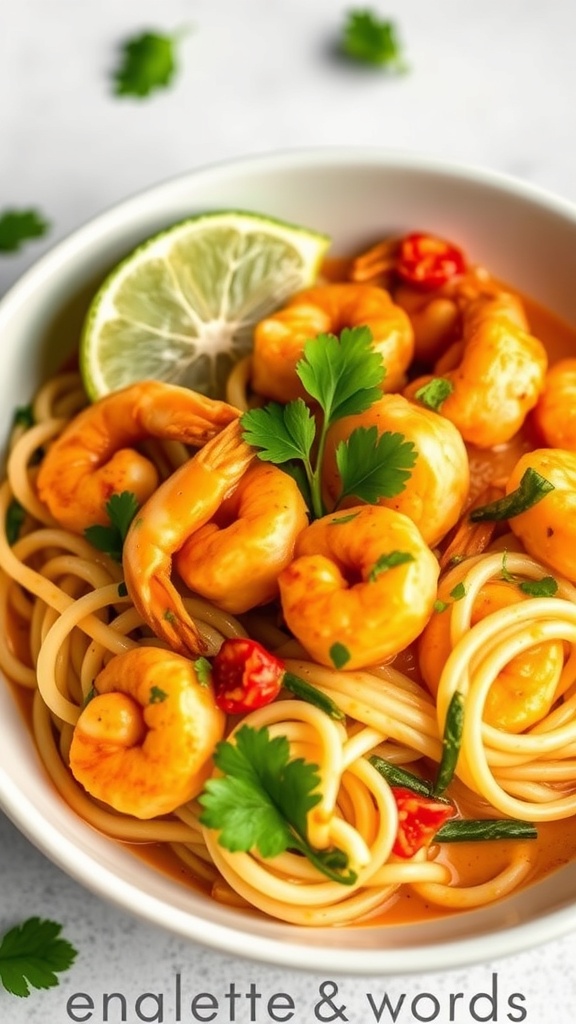 A bowl of Coconut Curry Shrimp with Zoodles, featuring shrimp in a creamy coconut curry sauce, zucchini noodles, and garnished with cilantro and lime.