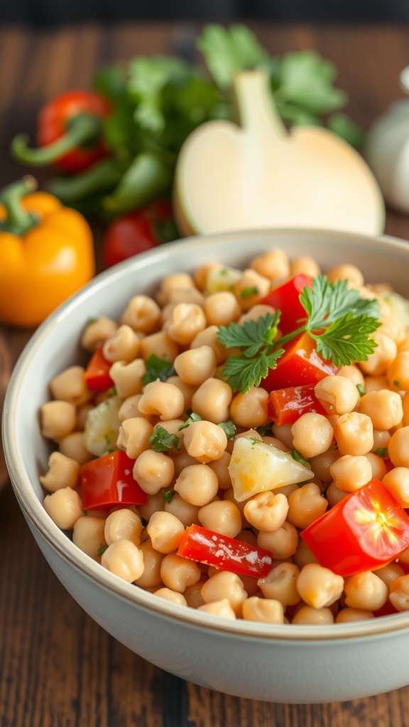 A bowl of cold pasta salad with chickpeas, colorful bell peppers, and fresh herbs.