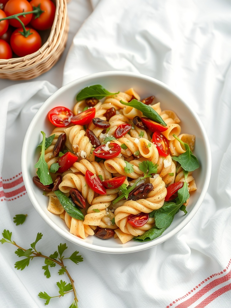 A bowl of cold pasta salad with pesto, cherry tomatoes, olives, and fresh greens, with a basket of tomatoes in the background.