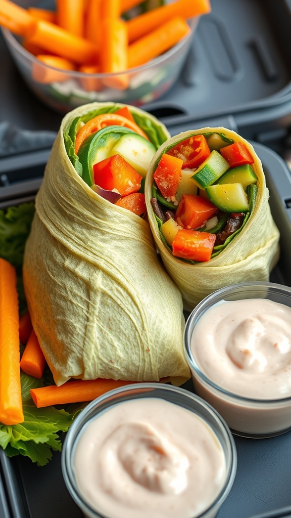 Colorful veggie wraps with fresh vegetables and dipping sauce in a lunchbox