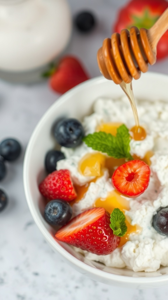 A bowl of cottage cheese topped with strawberries, blueberries, and honey, garnished with mint leaves.