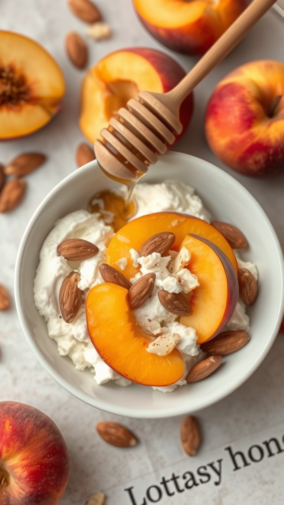 A bowl of cottage cheese topped with peach slices, almonds, and honey, surrounded by fresh peaches.