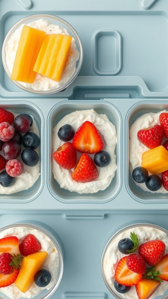 Cottage cheese cups topped with various fruits in a meal prep container.