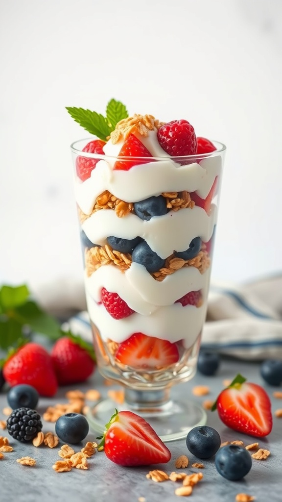 A delicious cottage cheese and fruit parfait with layers of strawberries, blueberries, and granola.